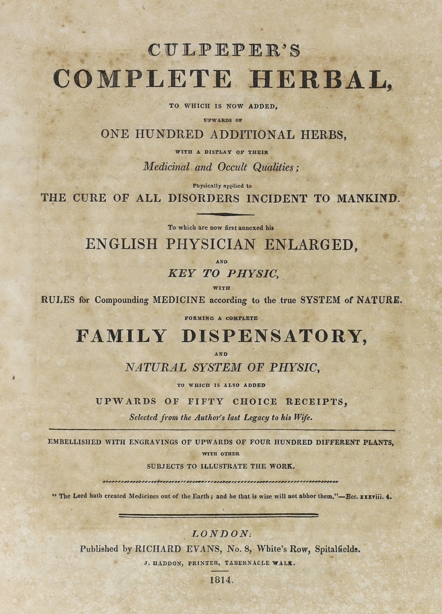 Culpeper, Nicholas - Culpeper's Complete Herbal ... To Which are now first annexed his English Physician Enlarged ... forming a complete Family Dispensatory ... portrait frontis and 40 hand-coloured plates